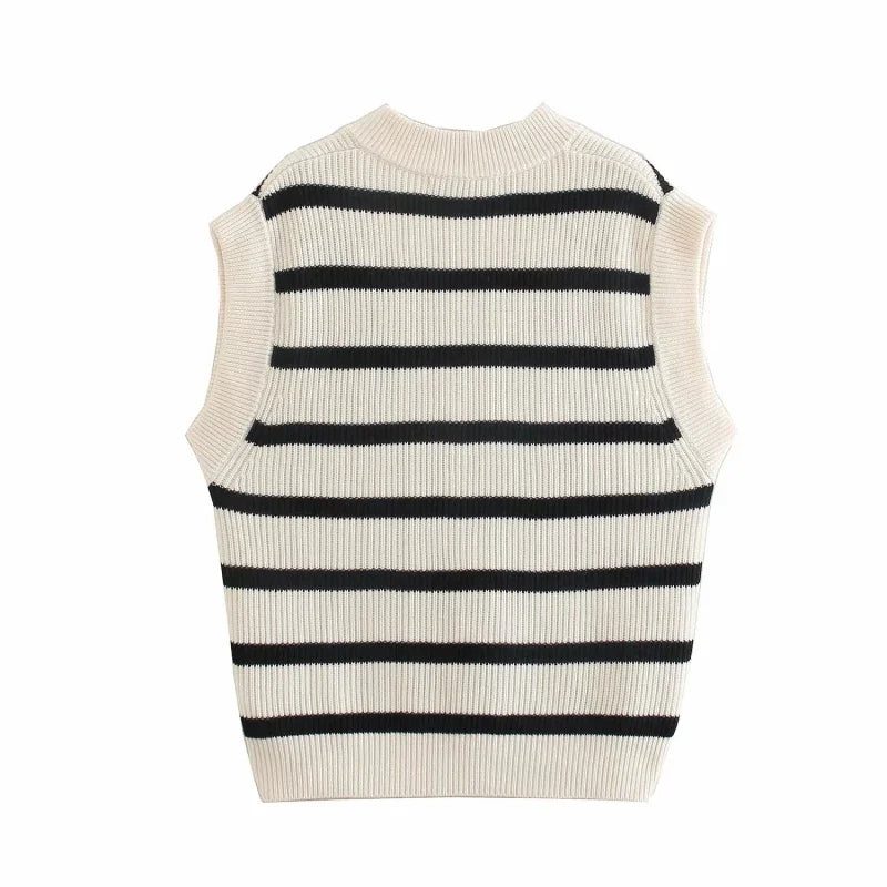 MQTIME  -  Y2k Striped Sweater Vest Spring 2024 Women Fashion Chic V-Neck Sleeveless Knitwear Girl Casual Preppy Style Knit Sweaters Tops