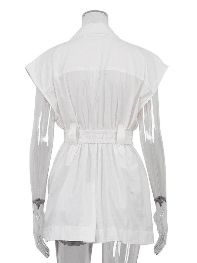 nvxiot  -  2024 Spring Summer Women Elegant Lapel Sleeveless Solid White Shirt Ladies For Blouse Woman Female