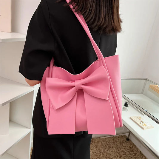 nvxiot Simple Solid Large Bow Shoulder Bag Female Designer Brand Pu Handbag For Woman Fashion Casual Soft Leather Women'S Tote Bag