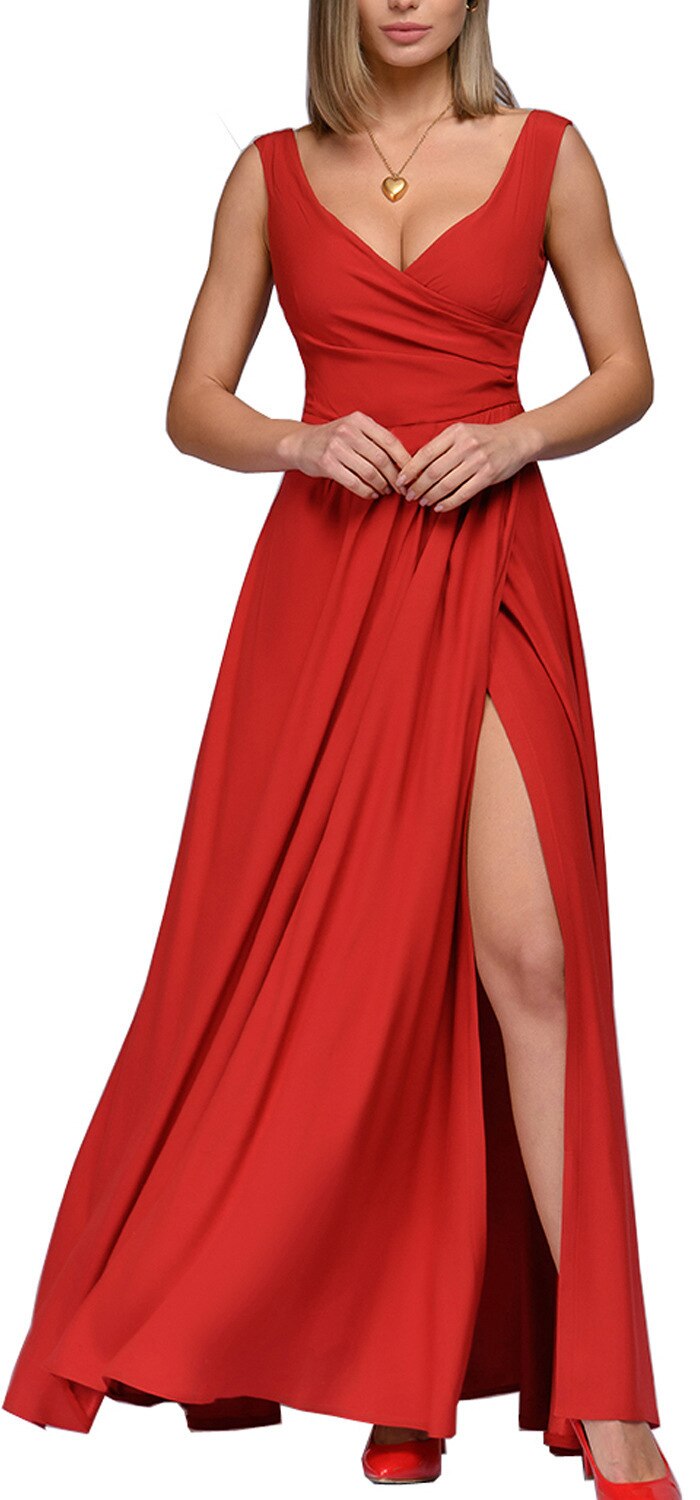 nvxiot Women Summer Elegant Long Party Dress Solid Color V-neck Zipper Split Fashion Evening Maxi Dress 2023