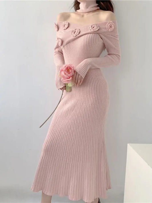 nvxiot women Elegant V-neck Flower Decoration Sweater Dresses Vintage Slim A-line Knitted Party Long Dress Korean Fashion Autumn Winter