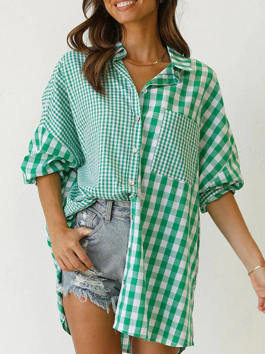 nvxiot GypsyLady Plaid Elegant Chic Blouse Shirt Boyfriend Spring Autumn Women Blouse Green Pink Long Sleeve Casual Holiday Ladies Tops