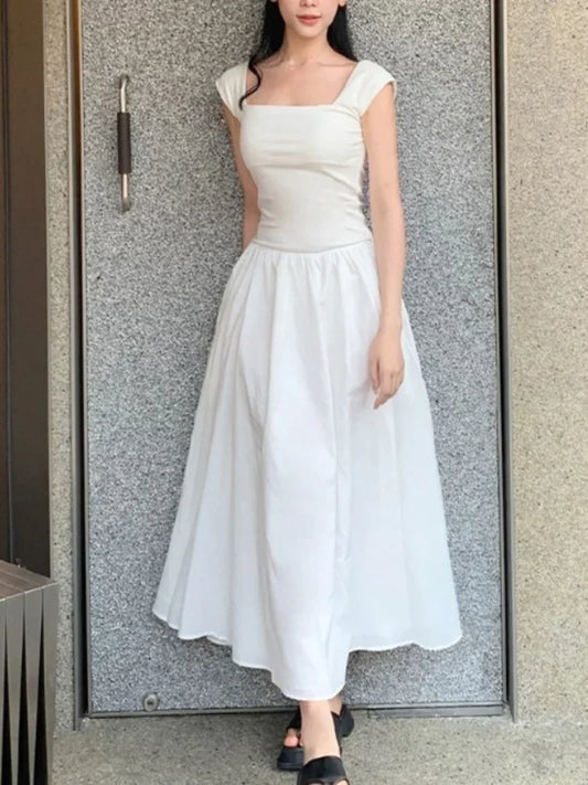 nvxiot  -  New Women Elegant White Dress Summer Sleeveless Slim A Line Party Long Dresses Ladies Vintage Solid Long Robe Vestidos