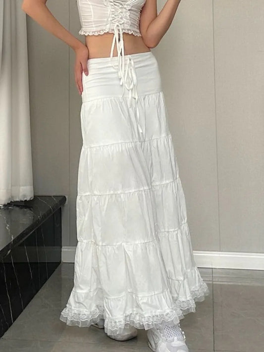 MQTIME  -  White Long Skirts High Waist Drawstring Casual Cake Skirt for Women Vintage Lace Patchwork Loose Folded Ladies Clothing