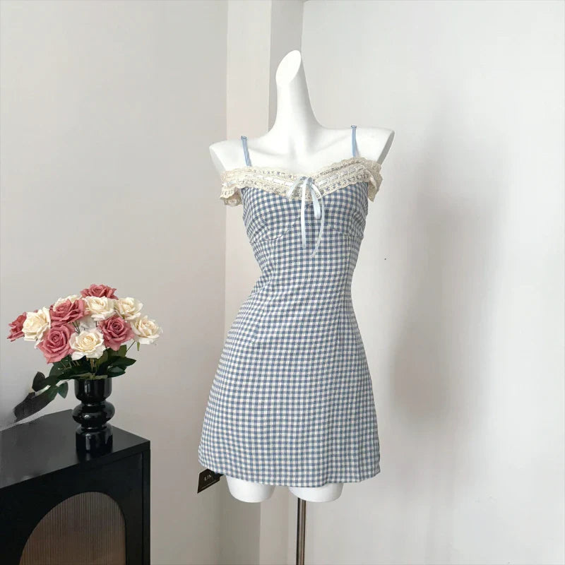 nvxiot Stylish Japanese Plaid Kawaii Strap Dress Women Lace New Korean Casual Y2K Mini Dress Female V-neck High Waist Cute Clothes 2024 Summer