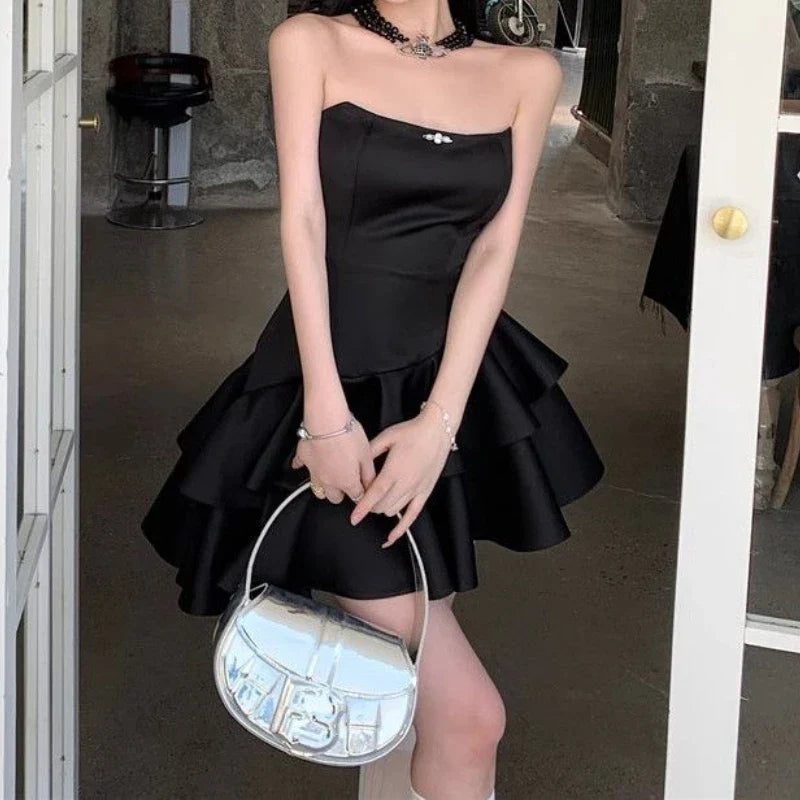 nvxiot  -  Black Strapless Sweet Satin Dresses Woman Mini Sleeveless Short Dress Coquette Aesthetic Ruffle Bodycone Summer Chic