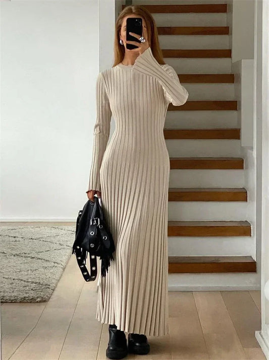 nvxiot Lace-Up Female Knit Maxi Dress Autumn High Waist Fashion Patchwork Long Sleeve Loose Solid Dress Bandage Knitwear Dress