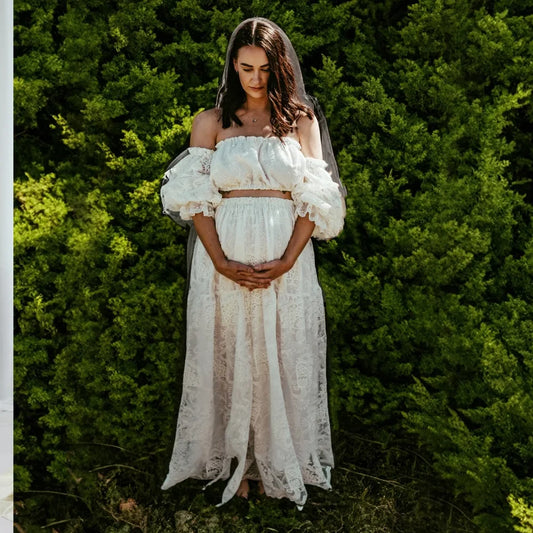 MQTIME  -  Fall Outfits 2024 Maternity Photography Dresses White Hollow Lace One Shoulder Long Sleeved Two-Piece Dress Bohemian Photography Dress For Women