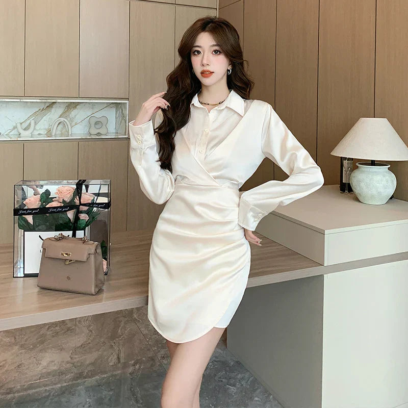 nvxiot-2023 New French Vintage Sexy Satin Mini Dress for Women Long Sleeved V-neck Waist Slim Office Lady Elegant Prom Female Dresses