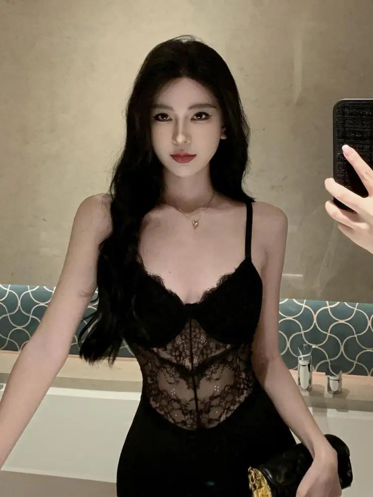 nvxiot  -  Summer Retro Black Sleeveless Sex Club High Split Slip Long Dress 2024 Fashion Women Elegant Backless Evening Party Lace Dresses