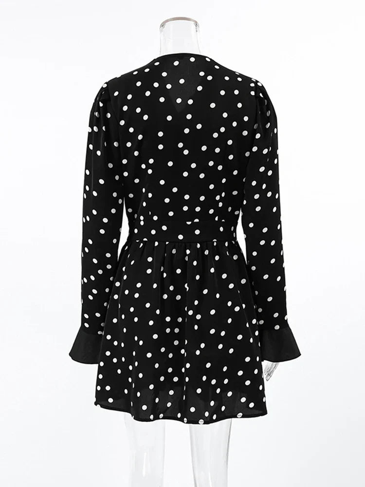 MQTIME  -  2024 Autumn Winter Women Elegant Polka Dot Mini Dress V-neck Black Long Sleeve Flare Mini Dress For Women