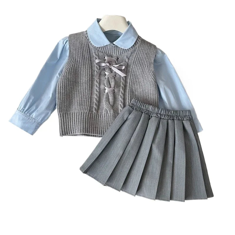 MQTIME  -  3Pcs Girls Clothes Sets Long Sleeve Shirt+Knitted Sweater Vest+Skirt Korean College Style Children Clothing Suits 2 3 4 5 6 7Yrs