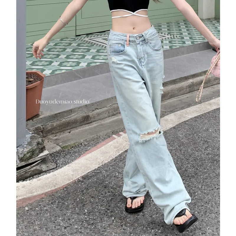 nvxiot Streetwear Hollow Hole Loose Casual Jeans Women Y2K Summer New High Waist Fashion Distressed Washed Wide Leg Pants