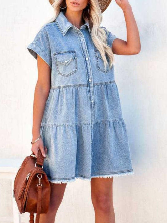 nvxiot Summer Dress Women  Denim Vintage Dress Solid Female Fashion Casual Blue Clothes Above Knee Mini Streetwear Turn-down Collar