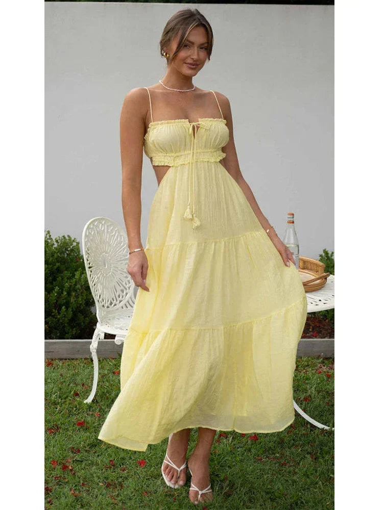 nvxiot Strapless Yellow White Summer Dress for Women Elegant Holiday Beach Boho Maxi Long Sundress Backless Sexy Party Vestidos