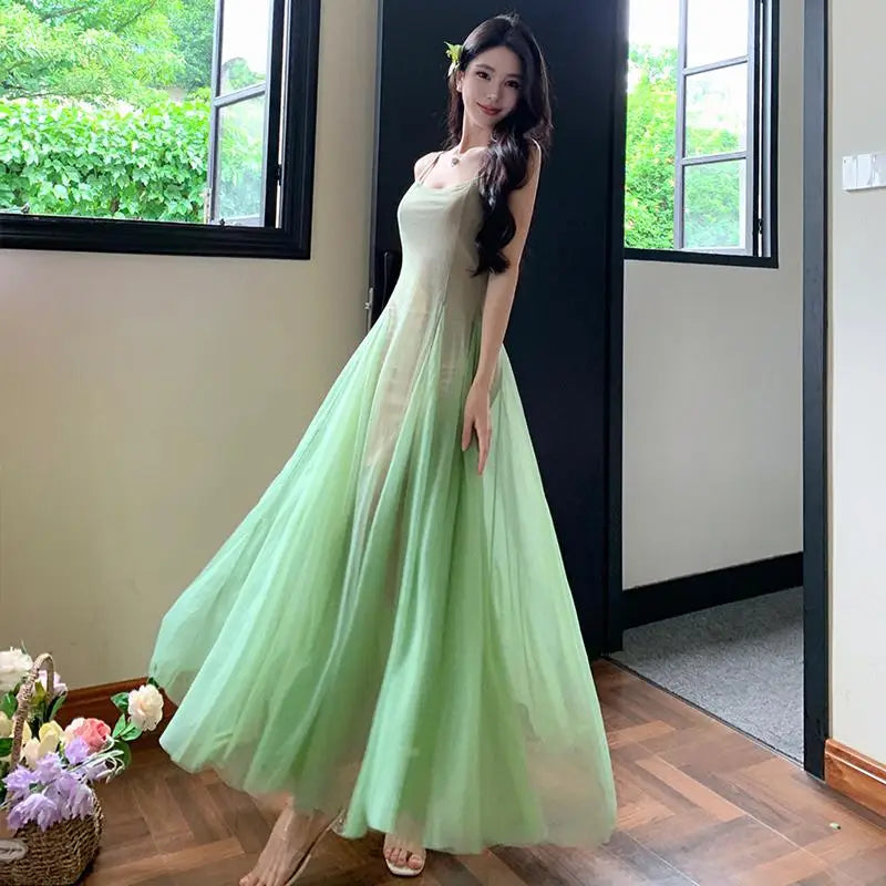 MQTIME  -  Summer Green Backless Party Mesh Long Dress Women 2024 French Fashion Sleeveless Round Neck Holiday Spaghetti Strap Sundress New