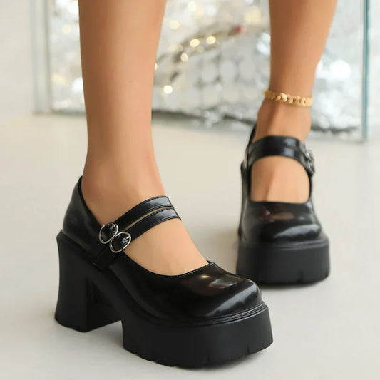 nvxiot Double Buckle Chunky Platform Pumps Women 2024 Spring Vintage High Heels Mary Jane Shoes Woman Black White Party Shoes Ladies