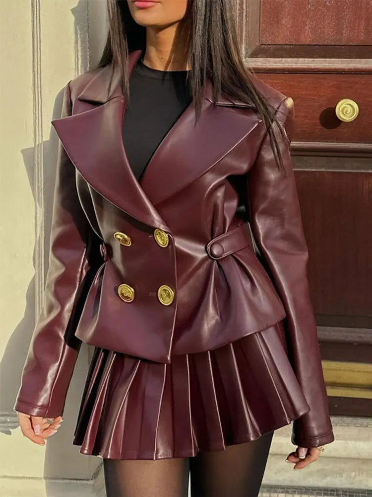 nvxiot  -   Autumn Leather Pleated Skirts Long Sleeve Jacket Set Women Fashion Double-breasted Lapel Coats Skirt Suits Female Street Outfits