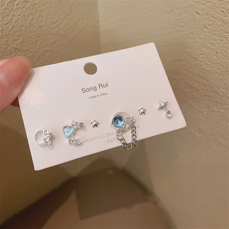 nvxiot Y2K 6Pcs/set Silver Color Rhinestone Butterfly Stud Earrings for Women Fashion Punk Heart Earring Sets Trendy Jewelry Gifts