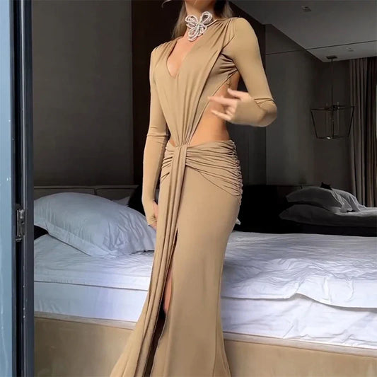 nvxiot Lady Hollow Out Slit Sexy Maxi Cocktails Prom Dress 2024 Bandage Women Party Y2K Robe Lace-Up Backless Slim Fit Evening Dresses