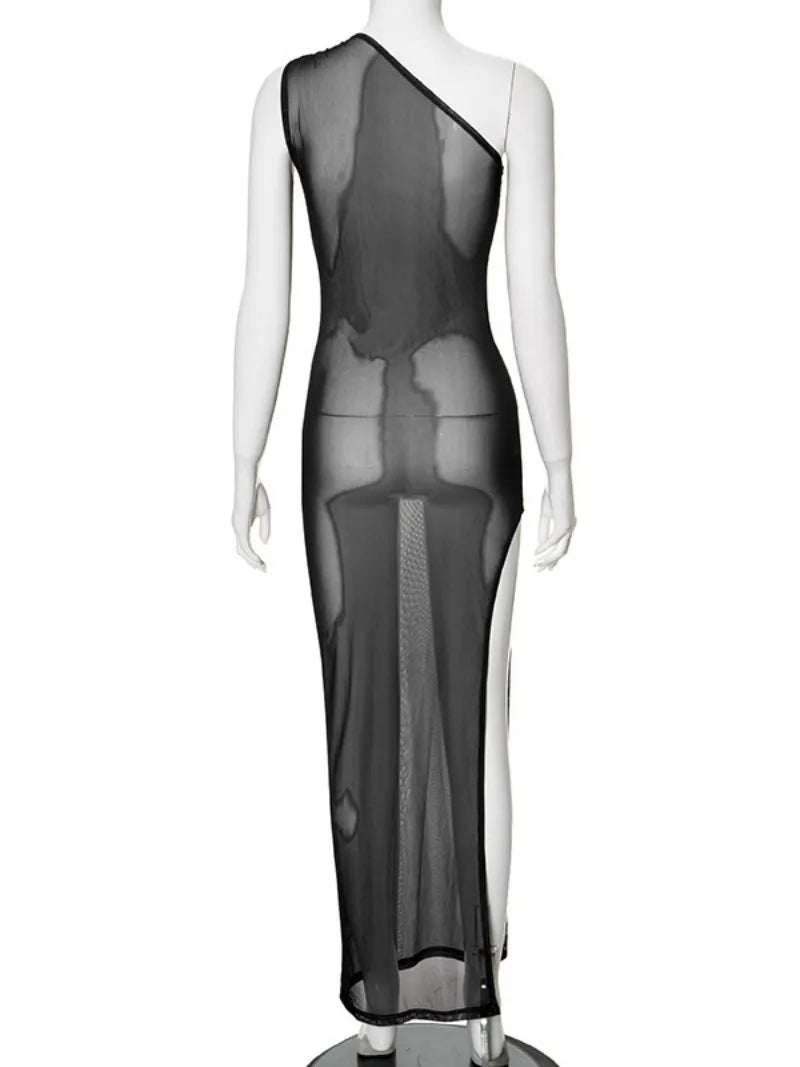 nvxiot Sexy Sleeveless One Shoulder Printed See Through Mesh Dresses for Women 2024 Summer High Slit Slim Black Beach Holiday Dress