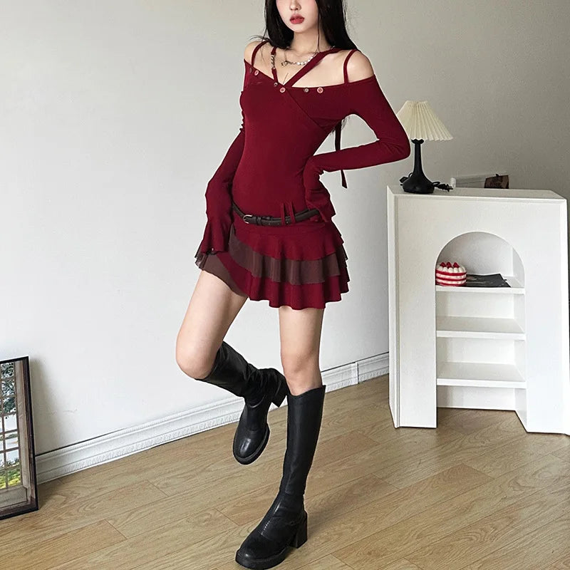 nvxiot  - Sexy Slash Neck Dress Women Slim Y2k Long Sleeved Knitted Short Dress Spicy Girl Off Shoulder Ruffled Red Vestidos Streetwear