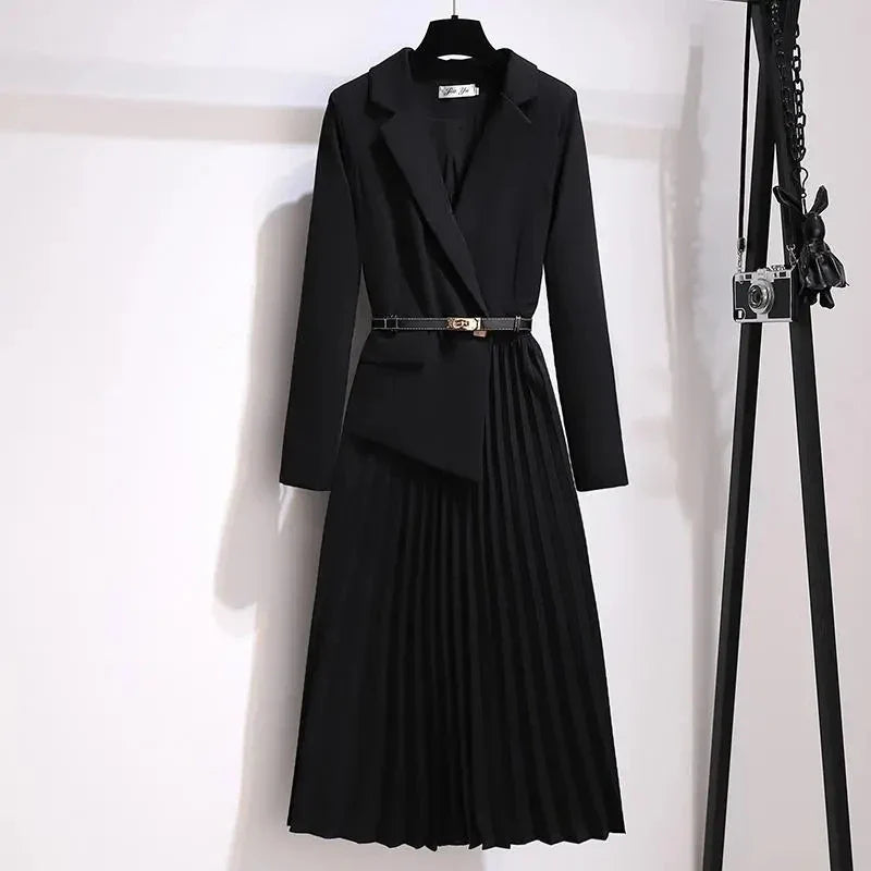 nvxiot Spring Autumn Women's Dresses 2024 New Fashion Suit Collar Stitching Fake Two-Piece Elegant Lady Office Long Dress Vestidos