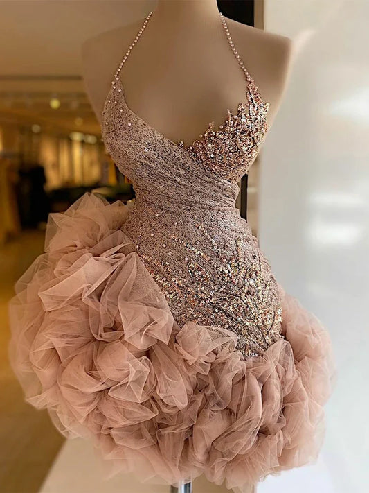 nvxiot  -   2024 Pink Ruffles Short Cocktail Dresses Mini Prom Dress Beading Halter Lace Sequins Party Robes De