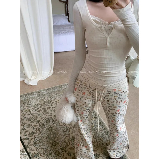 nvxiot 2024 Spring New Korean Contrast Color Patchwork Casual Long-sleeved T-shirt Women + Puppy Printed Wide Leg Pants Two-piece Suit