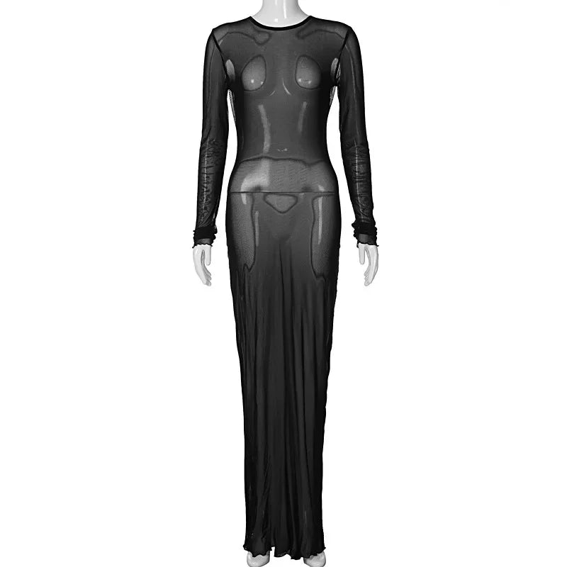 nvxiot Sexy Women Hollow Out Bandage Black Mesh Dress 2024 O-neck Long Sleeve Bodycon Lace-up See-through Party Night Club Dresses