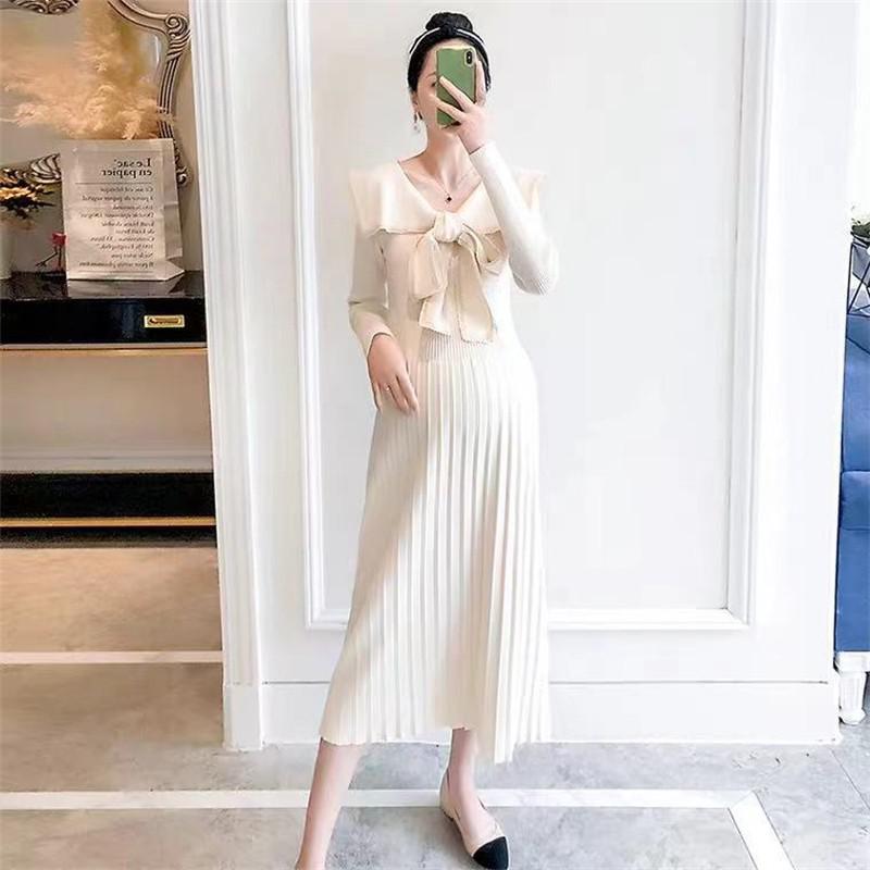 Maternity Dresses Knitted Pleated Long Pregnancy Dress Casual Loose Lace bow Maternity Clothes For Pregnant Women 2022 Autumn