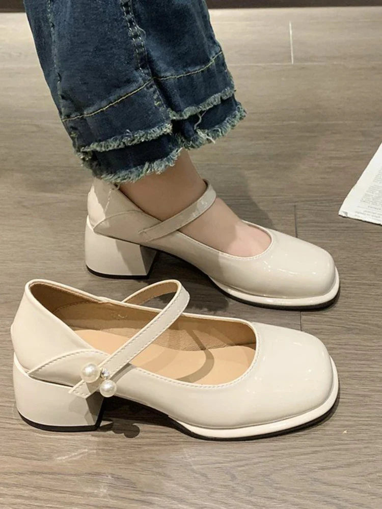 MQTIME  - Vintage France Mary Janes Shoes Women Korean Casual Square Heel Shoes Female String Bead Temperament Leisure Shoes Summer 2024