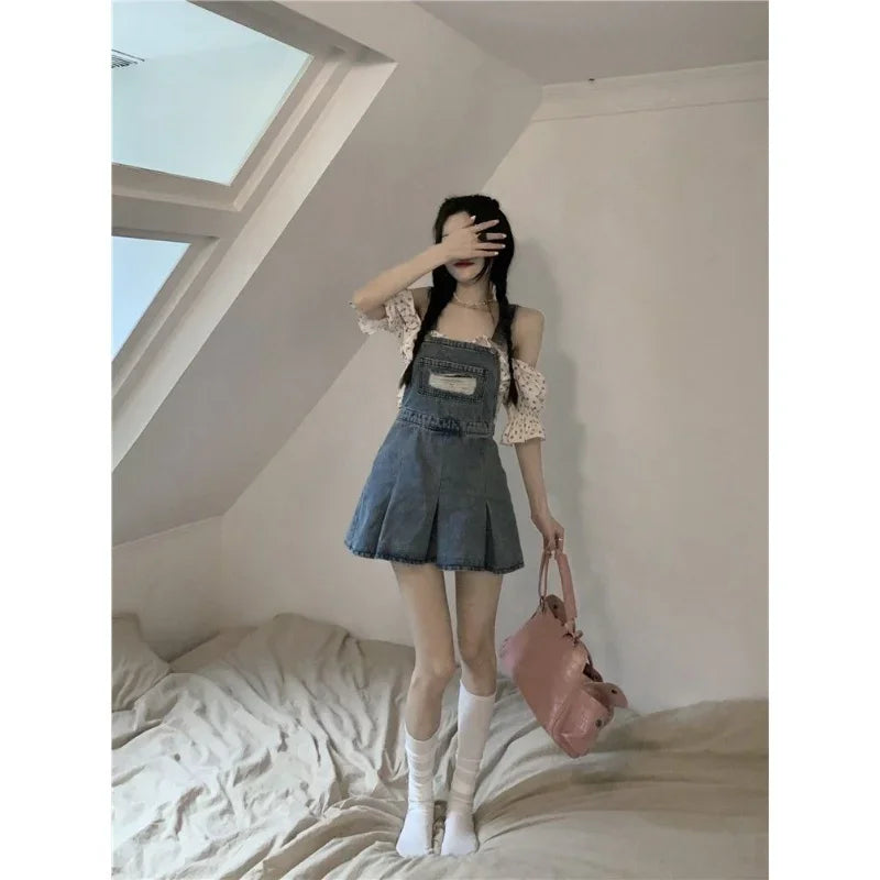 nvxiot-Denim Overall Dresses Women Summer Vintage Blue Elegant Y2k Folds Camisole Pleated Dress Mini Fashion Hotsweet Korean Vestidos