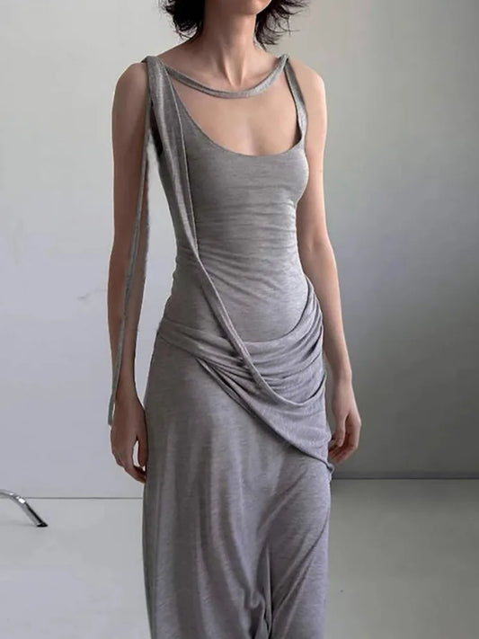 nvxiot  -  Grey Large U-Neck Pure Cotton Dress For Women, Casual And Comfortable, With Irregular Waistband And Slimming Long Skirt