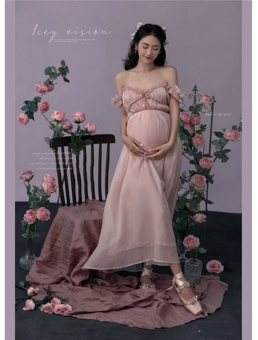 nvxiot Women Photography Props Maternity Dresses V-neck Pregnancy Pink Sweet Pregant Dress Studio Photoshoot Photo Clothes