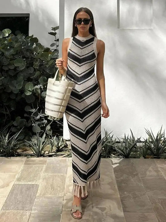 nvxiot-Summer Knitted Beach Dress Women Elegant Fashion Tassel Striped Long Dresses Summer Slim Bohemian Holiday Outfits 2024 Beachwear