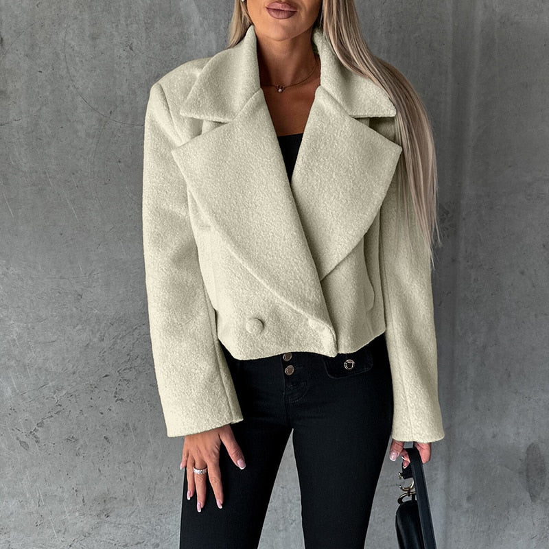 nvxiot Winter Elegant Button Solid Office Outwear Trend Wool Turn-down Collar Coats Autumn Women Casual Long Sleeve Woolen Jackets Top