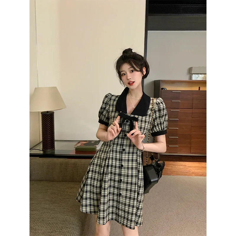 nvxiot  -  2024 Summer New Fashionable French Slimming Large Bow Bubble Sleeves Black and White Plaid Dress V-neck Short Skirt for women