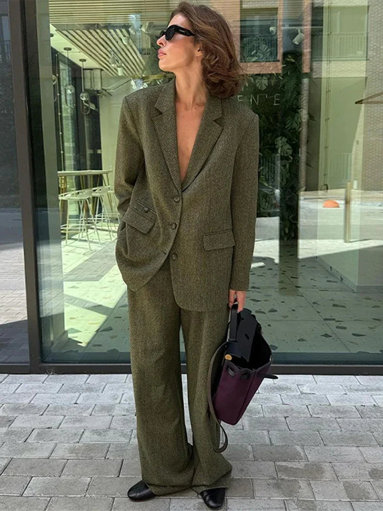 nvxiot  -  Casual 2 Pieces Sets For Women Elegant Turn-down Collar Long Sleeve Coat High Waist Trousers Loose Autumn Female  Commuter Suit