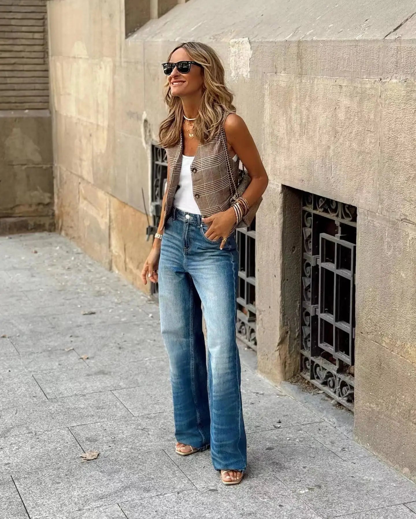 MQTIME  -  Summer Women Chic Plaid Casual V-Neck Sleeveless Vest Dew Shoulder Single Breasted Female Casual Pockets Short Vest Mujer