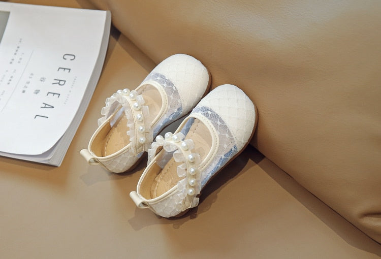 Toddler Pearl Shoes Fashion Children Girls Spring Autumn Pu Mesh Princess Lace Shoes Kids Shoe Baby Flat Girl Loafers Shoe Baby