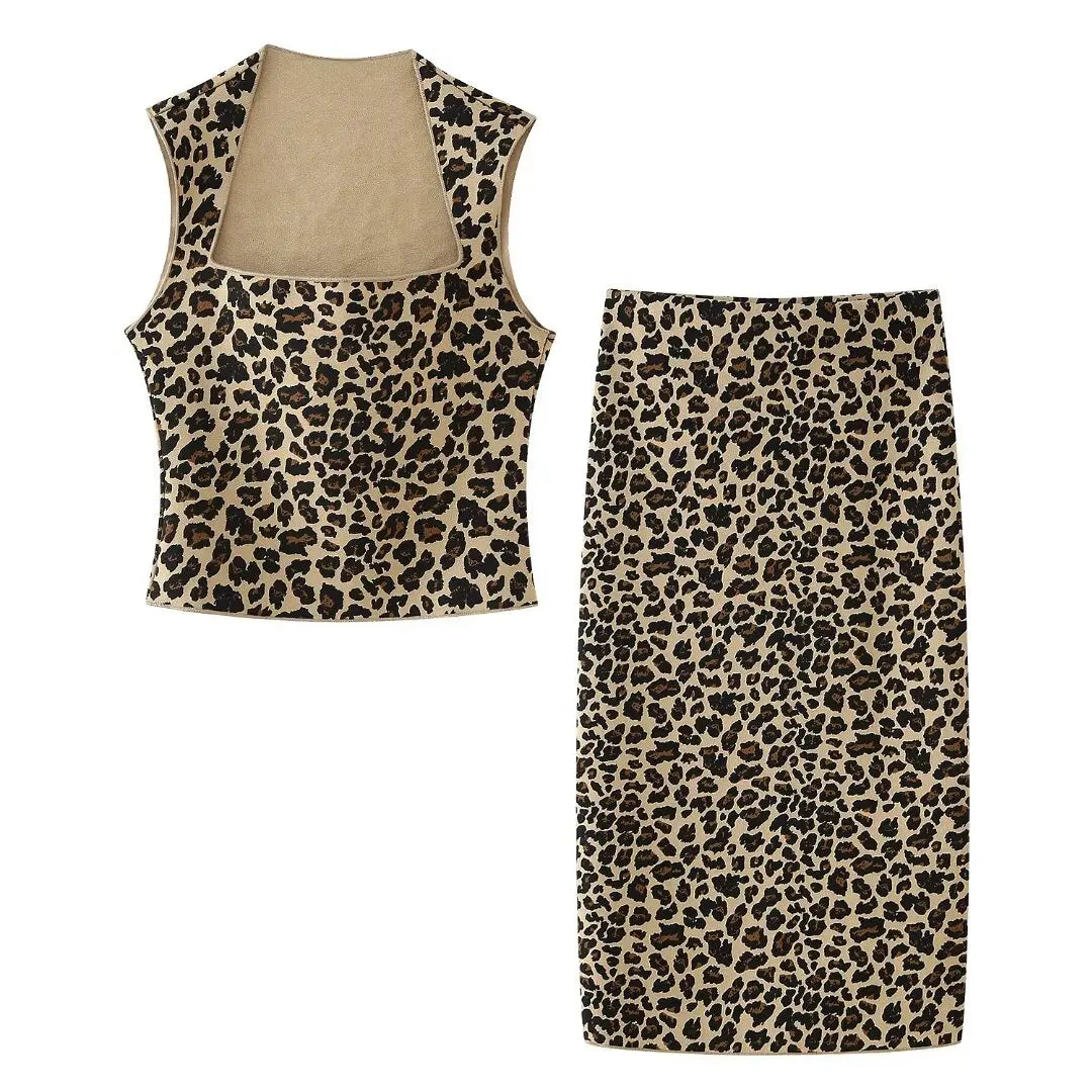 MQTIME  -   Women 2 Piece Set Chic Leopard Print Sexy Sleeveless Holiday Slim Bustier Crop Top+2024 High Waist Midi Skirt