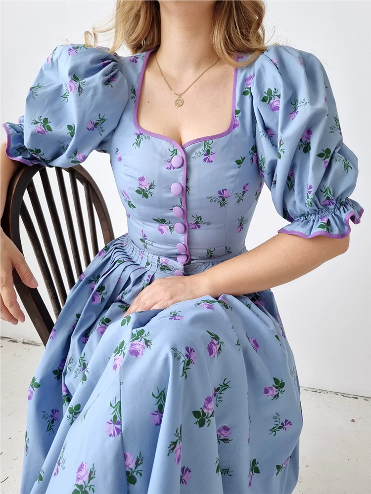 nvxiot Blue Floral Printed Chic Midi Dress French Button Front Summer Elegant Women Dresses Puff Sleeve Party Holiday Vestido