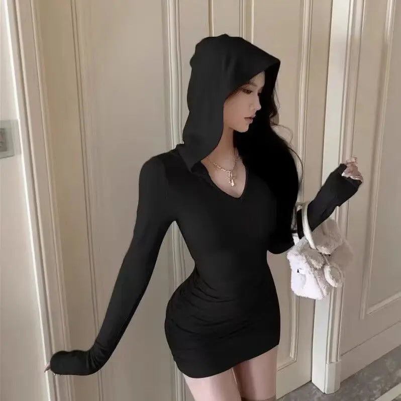 nvxiot-CLUB OUTFITS Hooded Dresses Women Retro Slim Sexy Club Hot Girl Party Mini Korean Style Stylish Ulzzang V-neck Fashion Y2k  High Street Ins