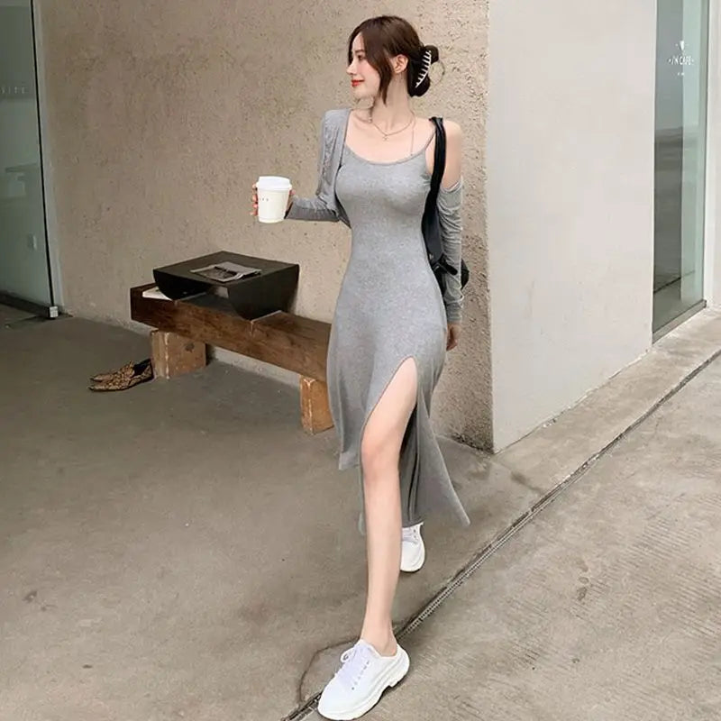 nvxiot-CLUB OUTFITS Two Pieces Sets Women Elegant Streetwear Hooded Jackets Side-slit Dresses Spring New Hotsweet Sexy Korean Style Casual Fashion