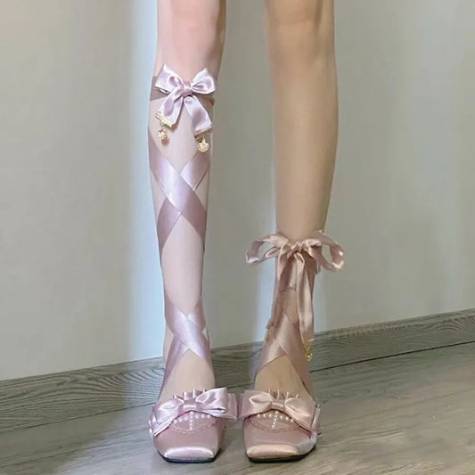 nvxiot Lolita Sweet French Style Fairy Silk Bandage Ballet Shoes Women Square Toe Butterfly-knot Women Pumps Elegant Valentine Shoes