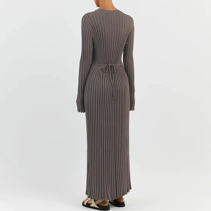 nvxiot 90s Vintage Tie Waist Dress Women Elegant Ribbed Knit Full Sleeve Maxi Dress Crew Neck Bodycon Pencil Long Dress Streetwear