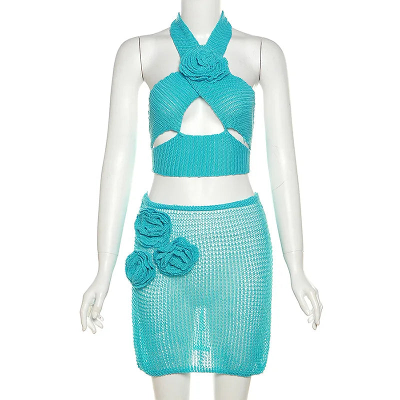 MQTIME  -  3D Flowers Knitted 2 Piece Dress Sets Women Summer Outfits Hollow Out Halter Lace Up Backless Vest Crop Top Mini Skirts Suit