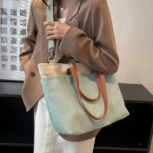 nvxiot Color Patchwork Canvas Shoulder Crossbody Bags Women Big Capacity Handbags Casual Fashion Big Shopping Bags for Female Tote Bag