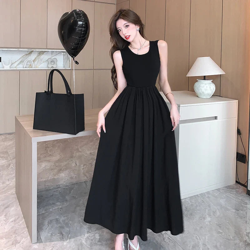 MQTIME  -  2024 Summer Style Open Back Dress with Black Hepburn Style, High end, Slim Fit, Beach Vacation Solid Color Long Dress for Women